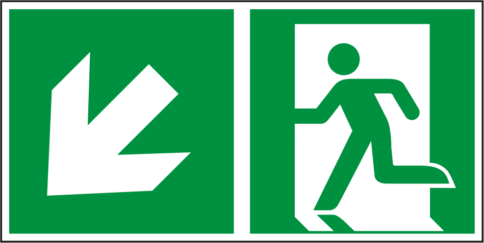 Rettungswegschild links abwärts ISO 7010 E001 + E006